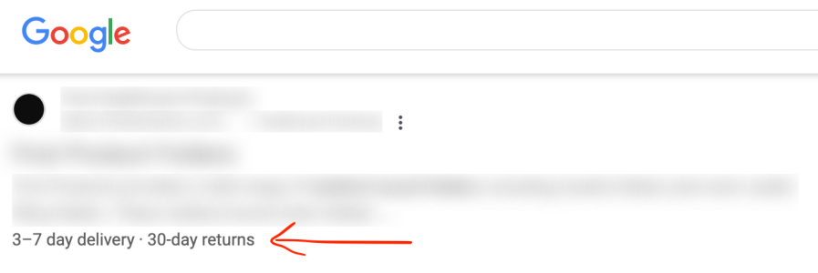 Google SERP showing an e-commerce result with 3-7 day delivery and 30-day returns